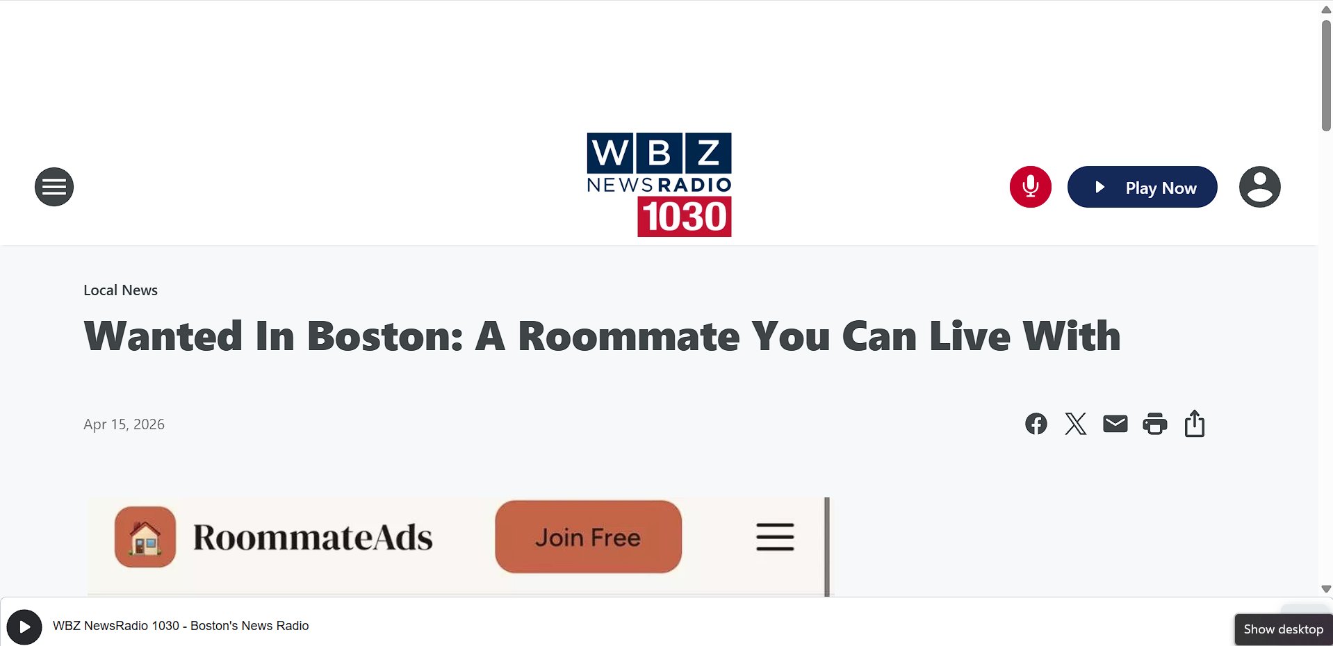 Wanted In Boston: A Roommate You Can Live With — WBZ NewsRadio 1030, April 15, 2026